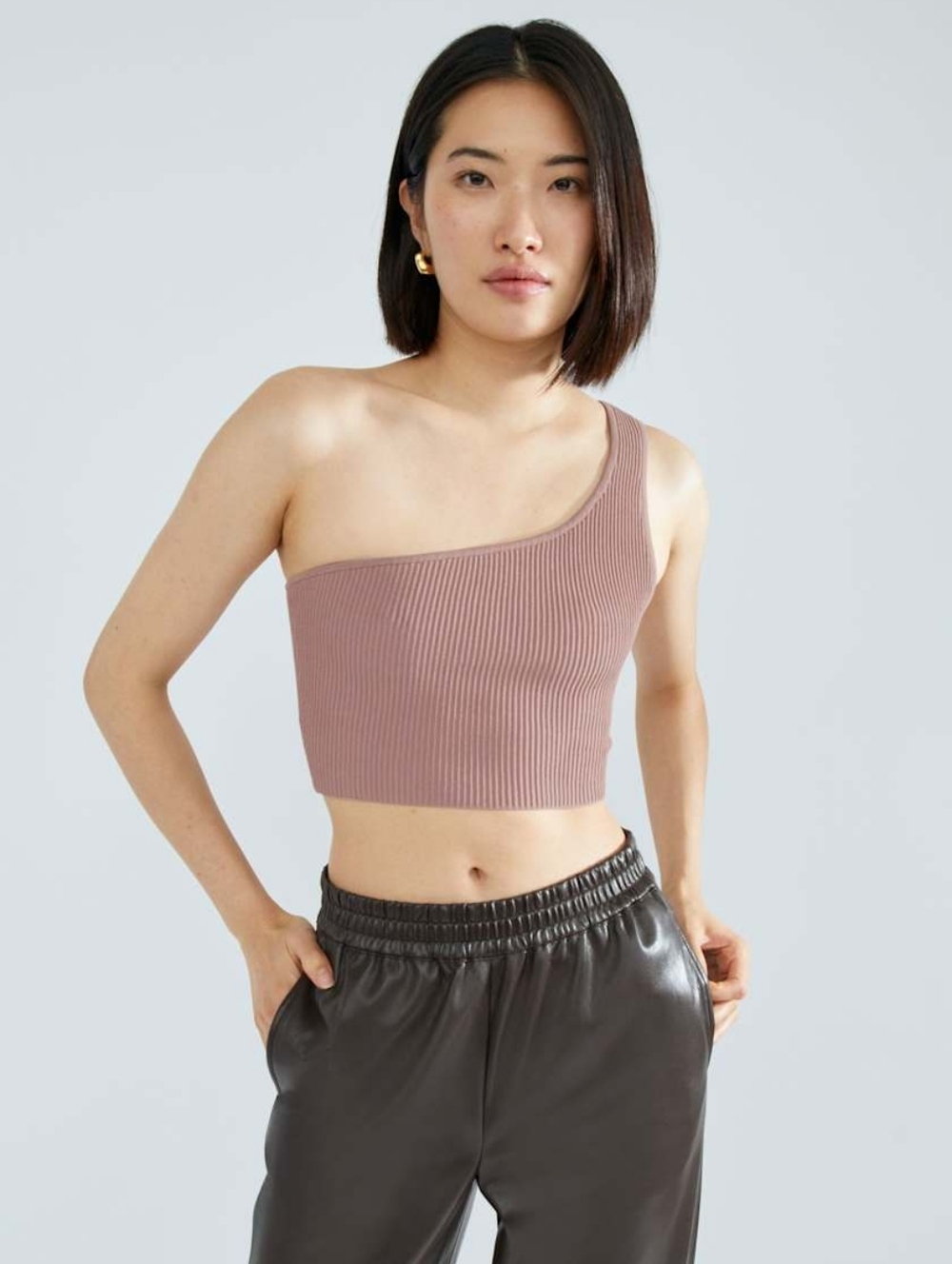 Babaton Sculpt Knit One-Shoulder Cropped Tank mauvedust S